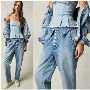 Free People We The Free Noah Foldover Harem Jeans Light Blue Denim Women M Boho